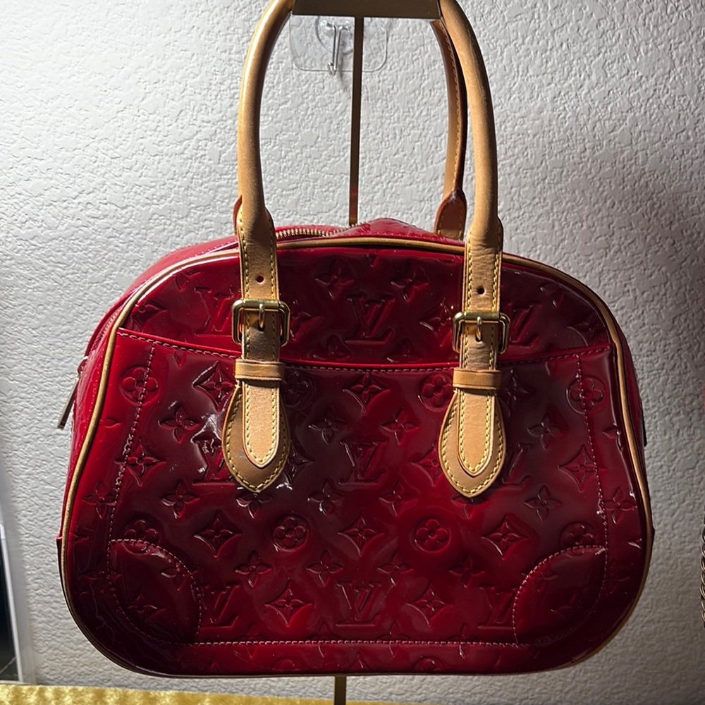 Louis Vuitton Red and Tan Satchel with Monogram Pattern